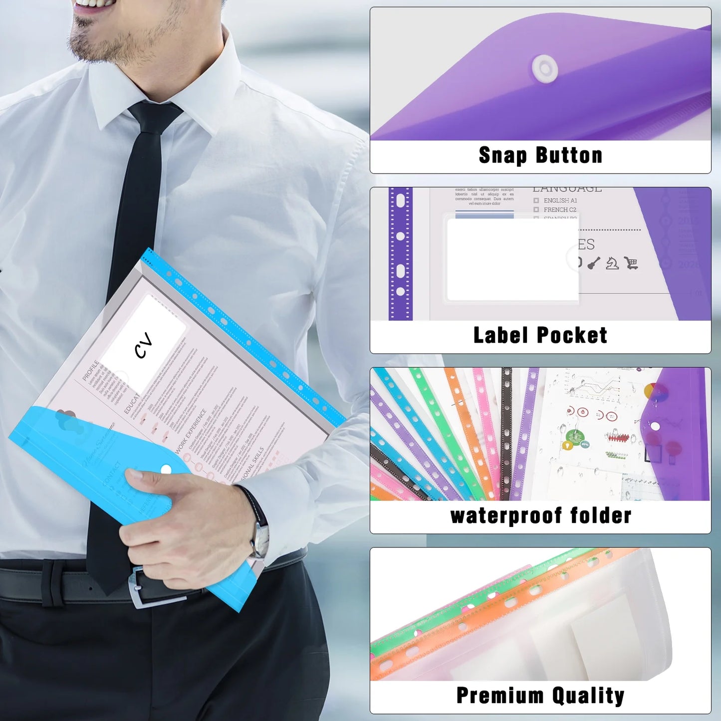 12 Pack Plastic Envelopes Binder Folders A4 11 Holes Expandable Binder Folders for 2/3/4 Ring Document Pouch for Office School Home