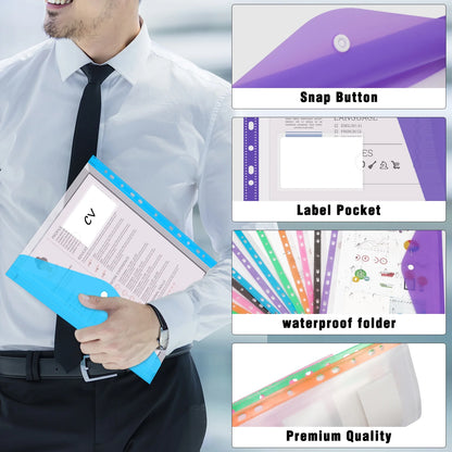 12 Pack Plastic Envelopes Binder Folders A4 11 Holes Expandable Binder Folders for 2/3/4 Ring Document Pouch for Office School Home