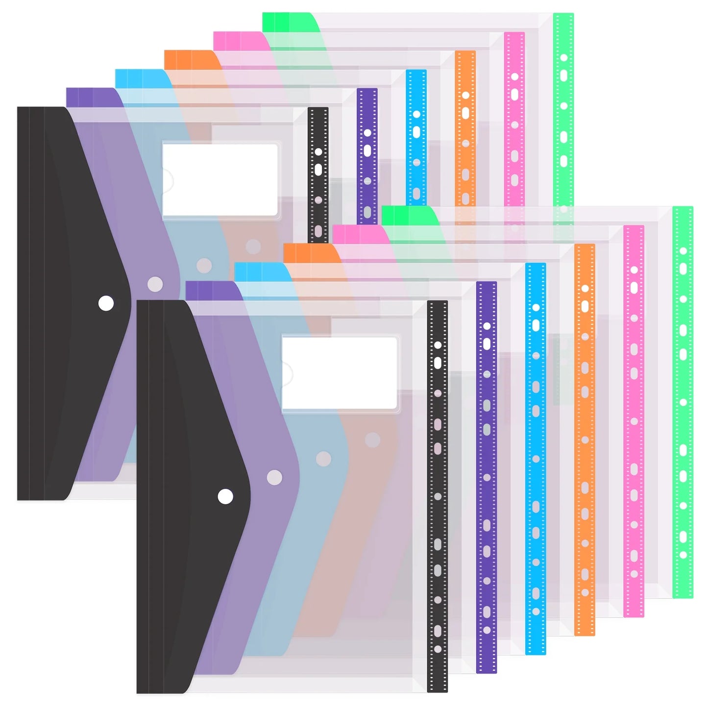 12 Pack Plastic Envelopes Binder Folders A4 11 Holes Expandable Binder Folders for 2/3/4 Ring Document Pouch for Office School Home