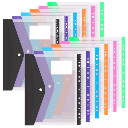 12 Pack Plastic Envelopes Binder Folders A4 11 Holes Expandable Binder Folders for 2/3/4 Ring Document Pouch for Office School Home