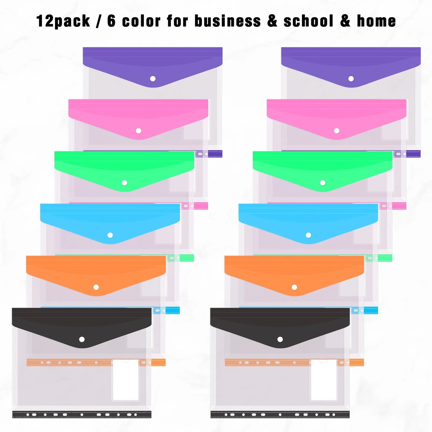 12 Pack Plastic Envelopes Binder Folders A4 11 Holes Expandable Binder Folders for 2/3/4 Ring Document Pouch for Office School Home