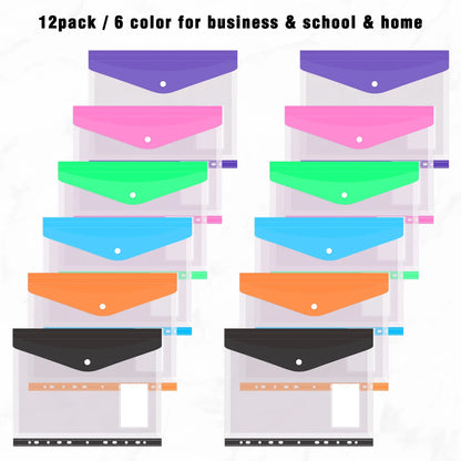 12 Pack Plastic Envelopes Binder Folders A4 11 Holes Expandable Binder Folders for 2/3/4 Ring Document Pouch for Office School Home