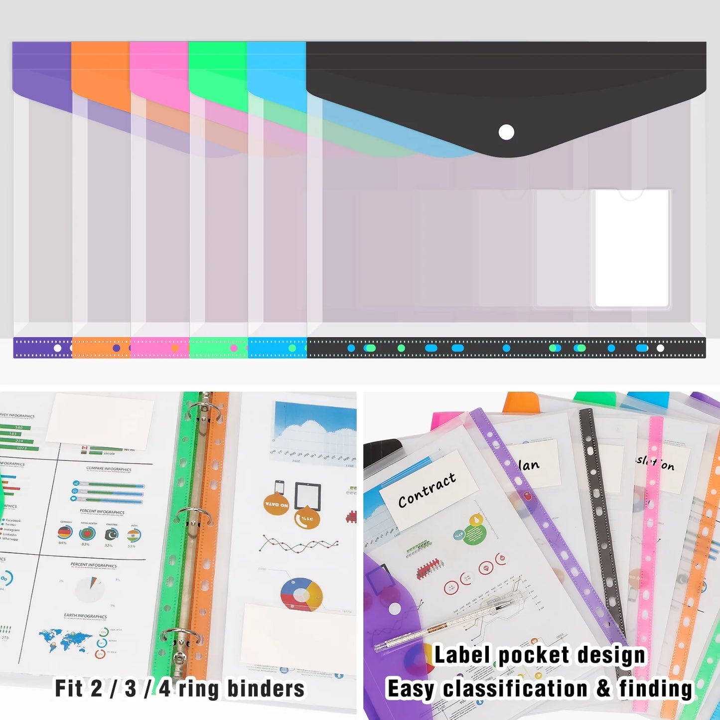 12 Pack Plastic Envelopes Binder Folders A4 11 Holes Expandable Binder Folders for 2/3/4 Ring Document Pouch for Office School Home
